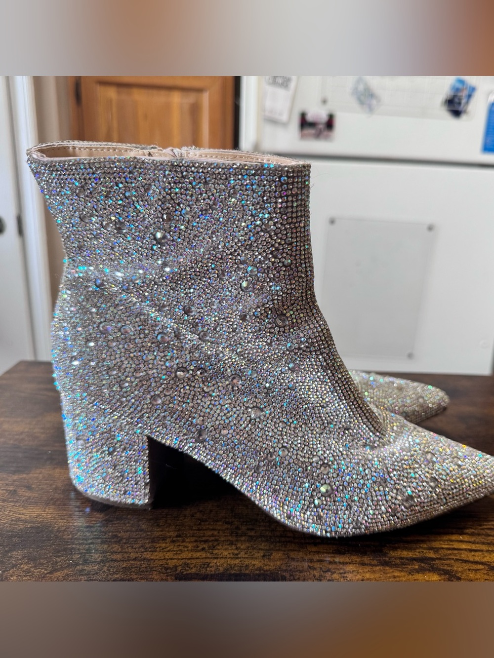 Betsey Johnson SB-Kyla Rhinestone Ankle Boots Silver Shimmer Block Heel 8M